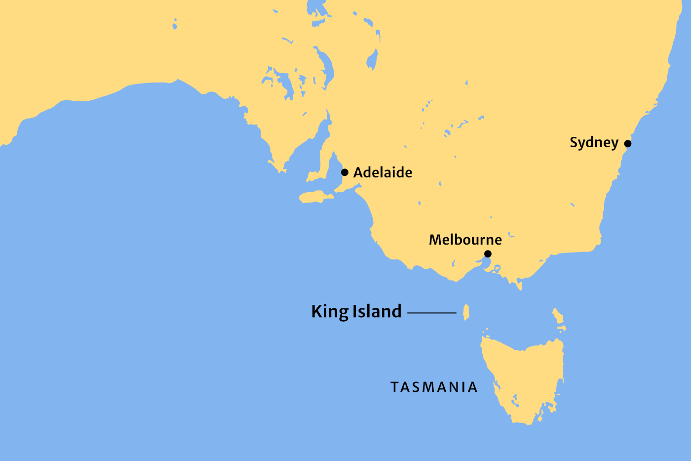 Map of southeastern Australia, showing Tasmania off the south coast and King Island between.