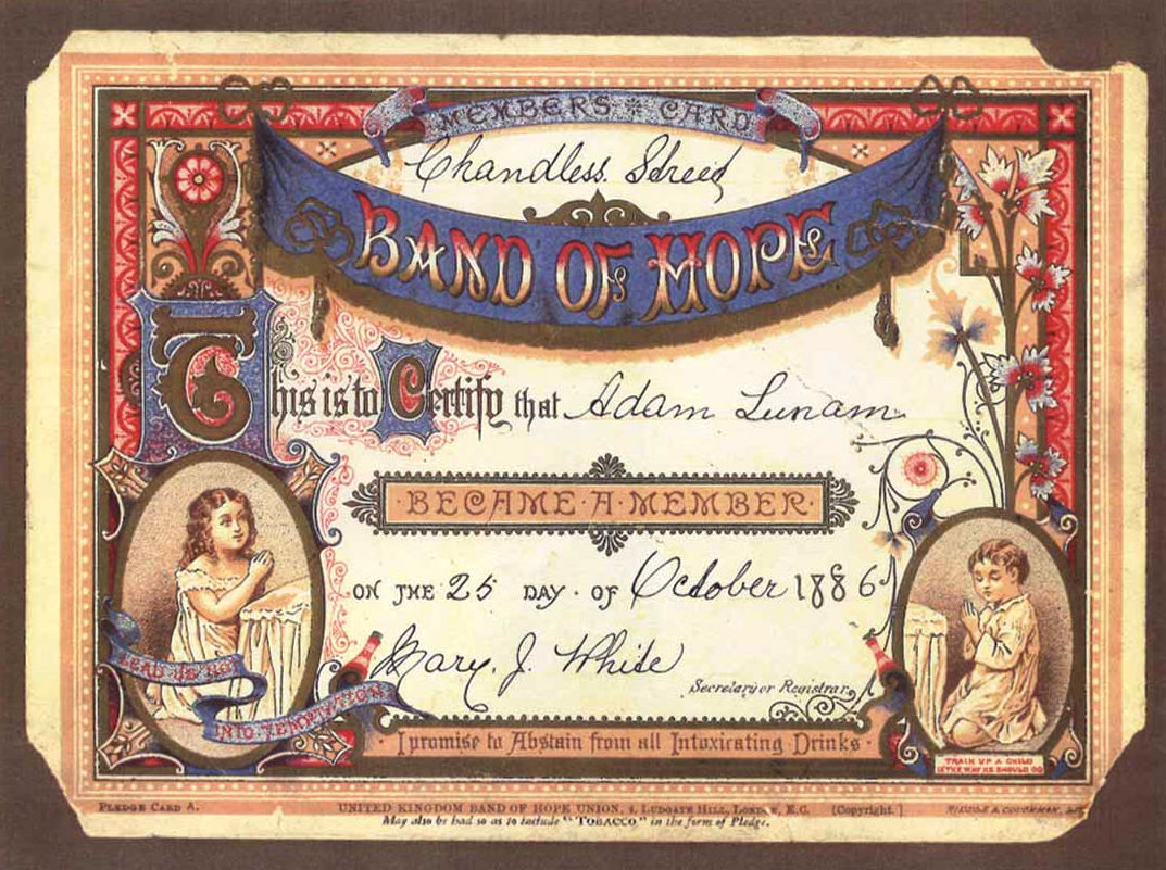Certificate titled 'Band of Hope' declaring: I promise to abstain from all intoxicating drinks.
