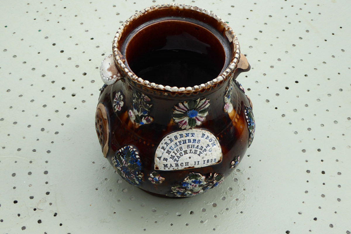 Glazed ceramic pot inscribed: A present from E Humphres to Miss Sharp, Tackley, March 2nd, 1898.