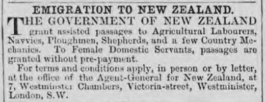 Newspaper cutting. It begins: The government of New Zealand grant assisted passages to agricultural labourers, navvies, ploughmen, and a few country mechanics.