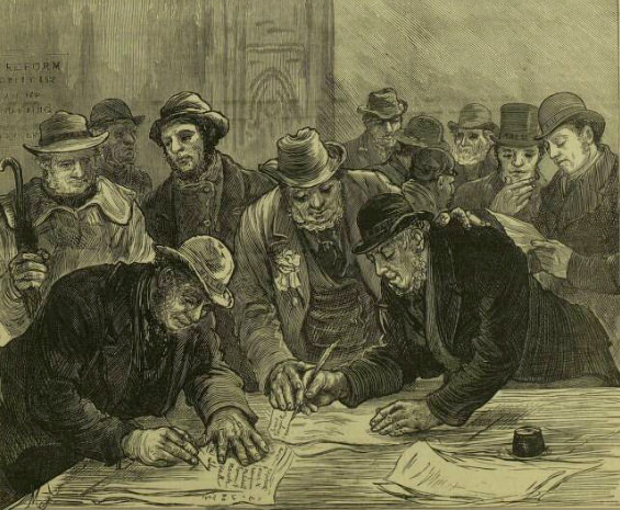 Pencil sketch. Two men sign documents on a table. Another 10 look on, or talk among themselves.