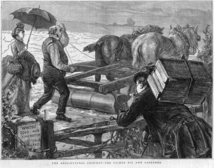 Pencil sketch of two horses pulling a plough, guided by the farm owner whose smartly dressed wife is sheltering him with an umbrella.