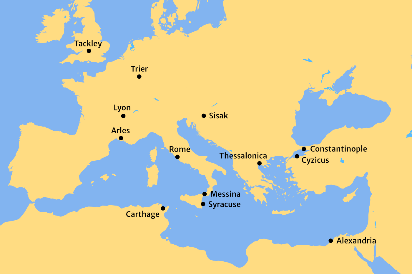 Map of Europe and the Mediterranean pinpointing the origins of coins found in Tackley.